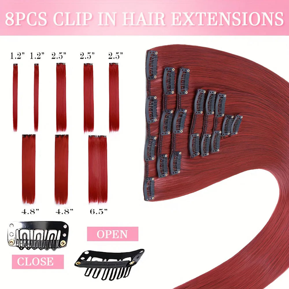 Red Color 8 Pcs Straight Clip-In Human Hair Extensions 8-24 Inch 100% Unprocessed Brazilian Remy Virgin Hair For Women