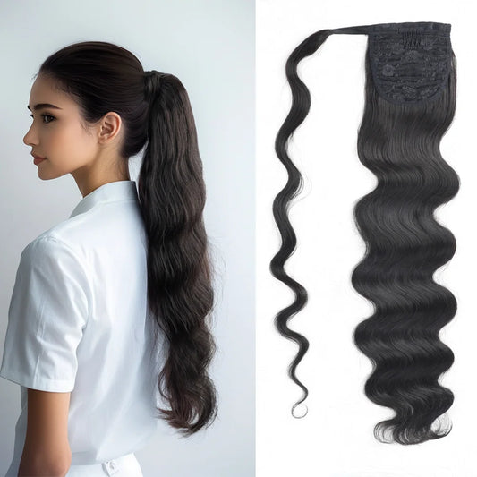 Body Wave Ponytail Human Hair Extensions Natural Black Color Wrap Around 100% Straight Human Hair Ponytails Clip In Extension