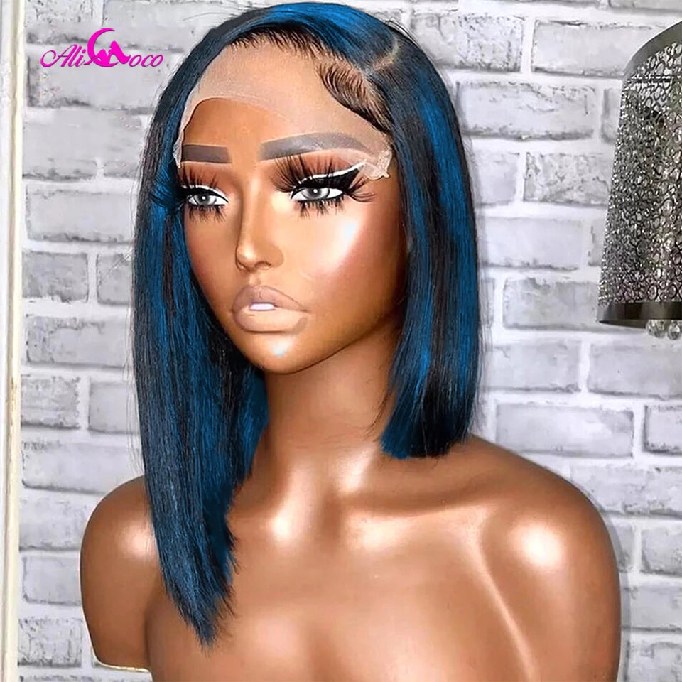 Highlight Blue Human Hair Lace Frontal Wigs 180 Density Bob Wig Lace Front Wig Human Hair Brazilian Short Bob Wig Pre Plucked