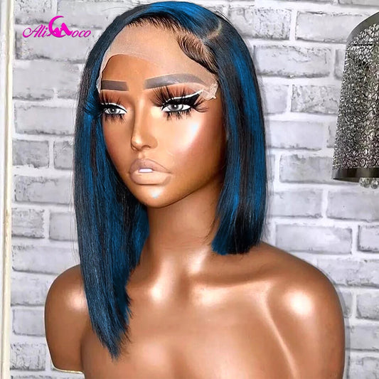 Highlight Blue Human Hair Lace Frontal Wigs 180 Density Bob Wig Lace Front Wig Human Hair Brazilian Short Bob Wig Pre Plucked