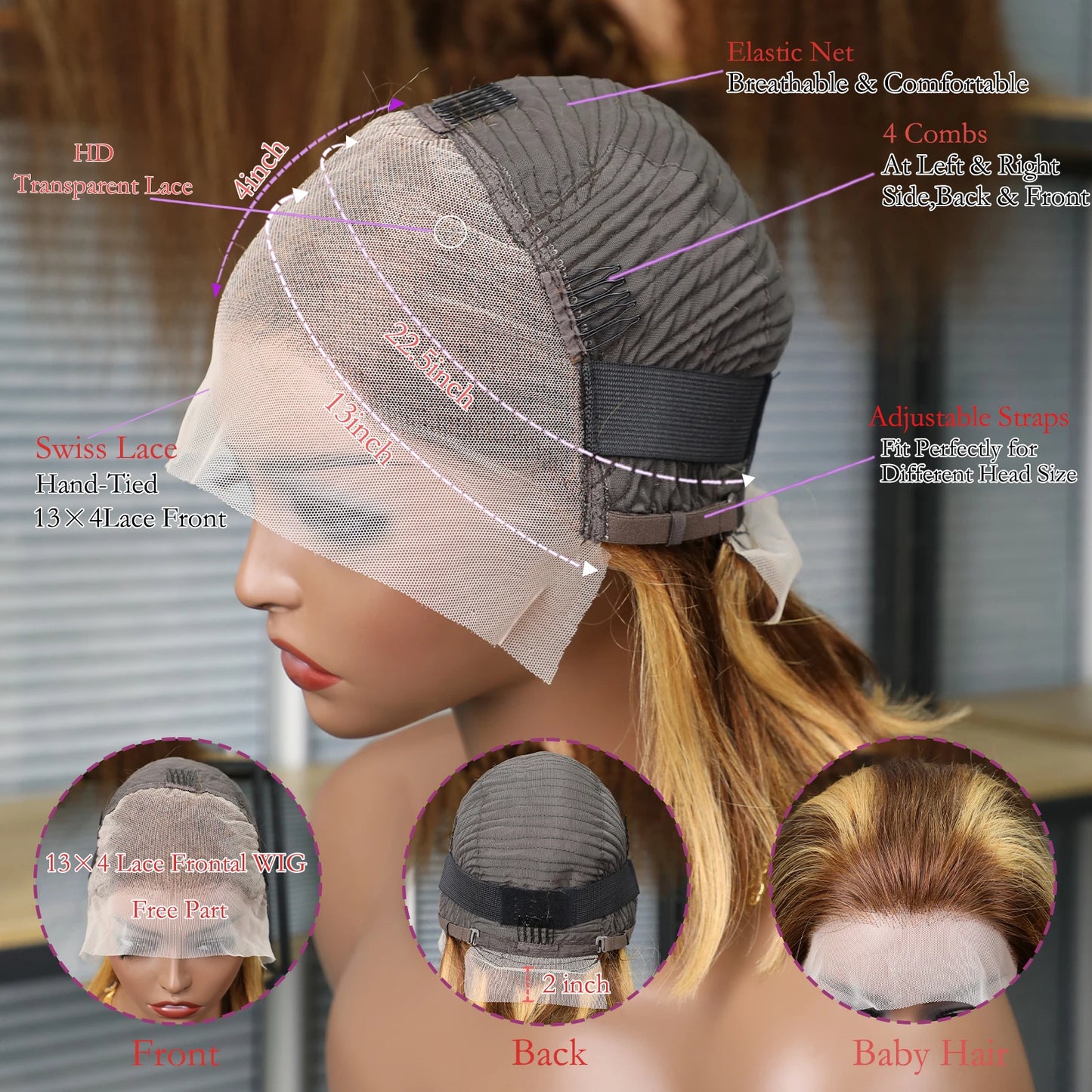 Brown Blonde Color Human Hair Bob Wig 13x4 Front Straight Bob Wig Human Hair Pre-drawn 200 Density wig 16 inches Highlight Ombre