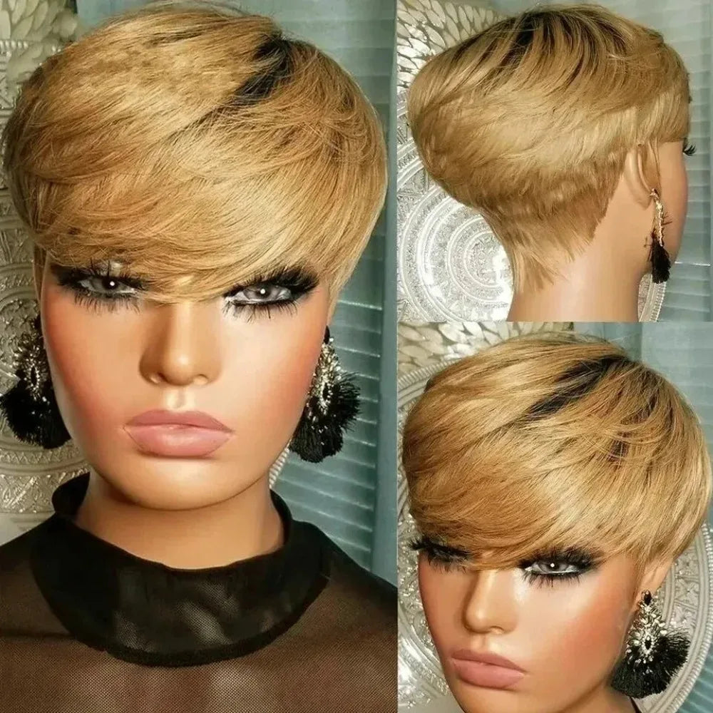 Full Machine Made Wigs With Bangs Human Hair Wigs Hinghlight Blond Short Pixie Cut Wig Human Hair For Black Women