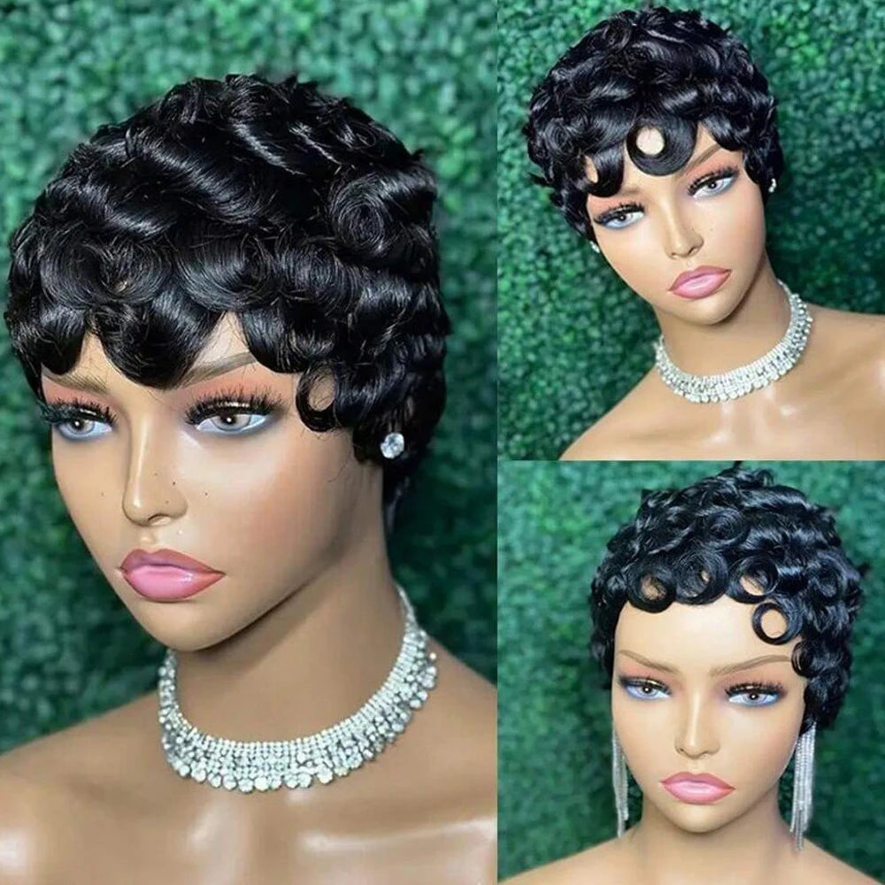 No Tariff Short Curly Pixie Cut Wigs For Women Natural Black Short Finger Wave Wig Human Hair Short Bob Full Machine Made Wig