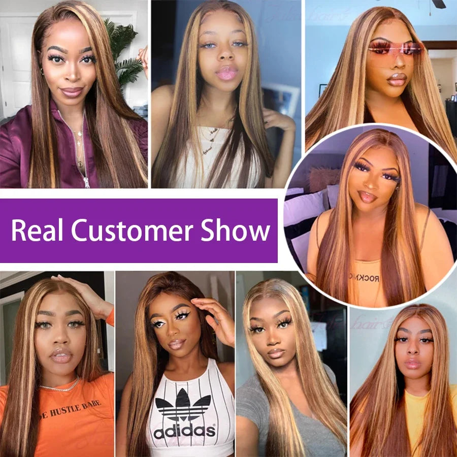 Highlight Wig Human Hair Honey Blonde Brown Colored Lace Front Wigs For Women Pre Plucked Bone Straight Lace Frontal Wig Remy