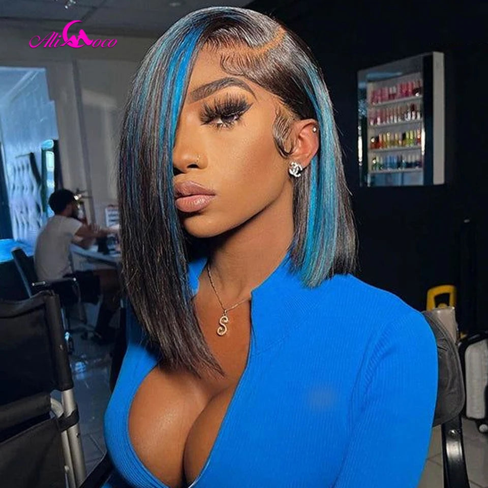 Highlight Blue Human Hair Lace Frontal Wigs 180 Density Bob Wig Lace Front Wig Human Hair Brazilian Short Bob Wig Pre Plucked