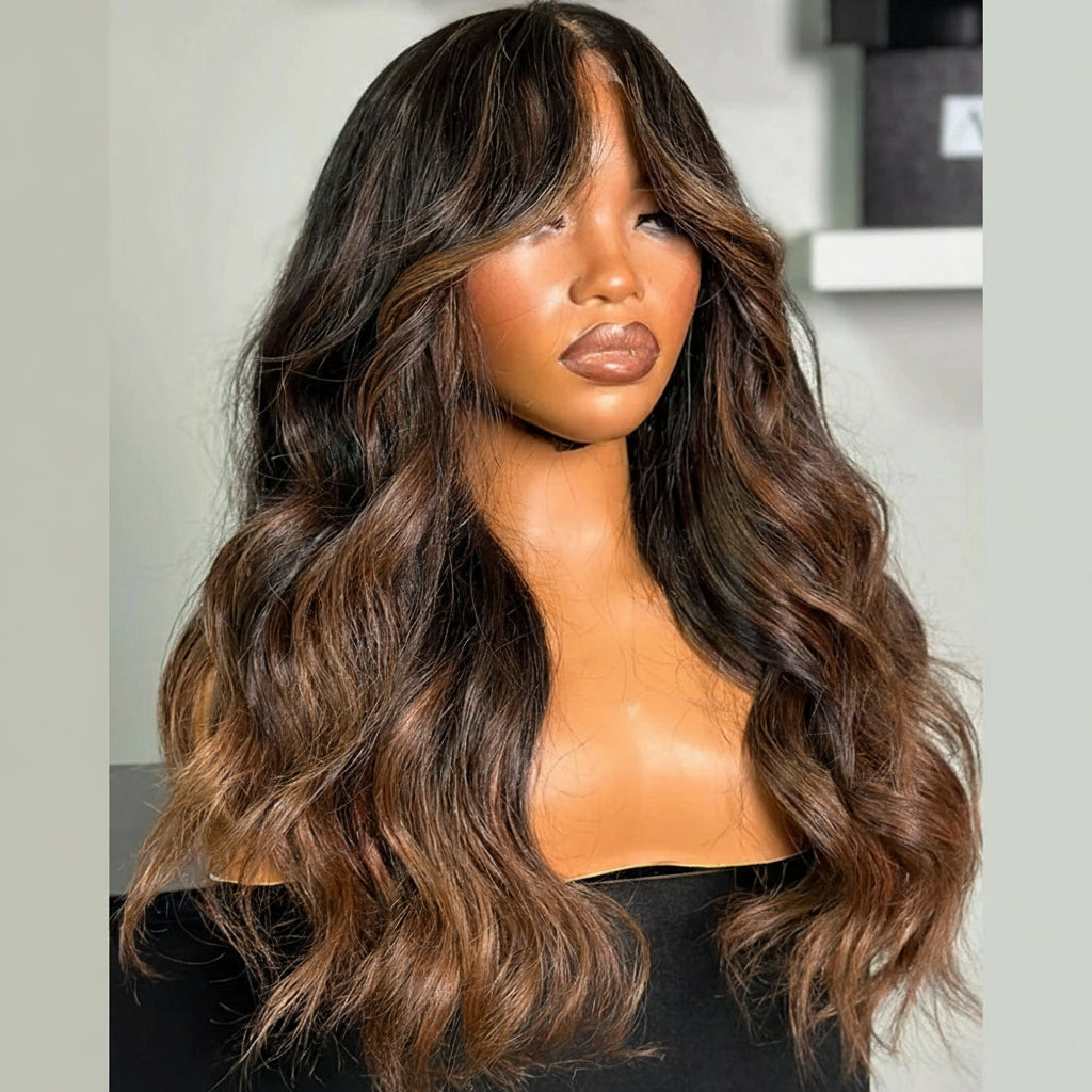 Glueless Wear And Go Lace Frontal Human Hair Wig Preplucked Blow-Out Looks Wave 13x4 Lace Wig Ombre Brown Highlight Colored Wig