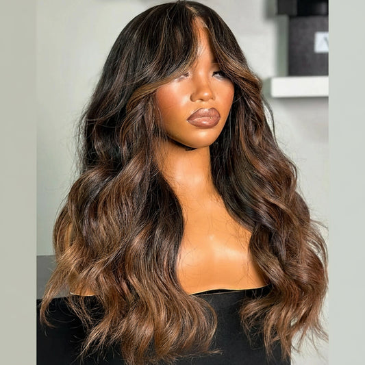 Glueless Wear And Go Lace Frontal Human Hair Wig Preplucked Blow-Out Looks Wave 13x4 Lace Wig Ombre Brown Highlight Colored Wig