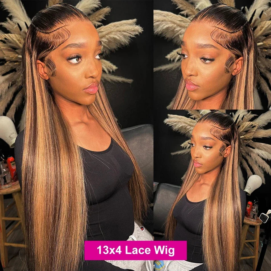 Highlight Wig Human Hair Honey Blonde Brown Colored Lace Front Wigs For Women Pre Plucked Bone Straight Lace Frontal Wig Remy