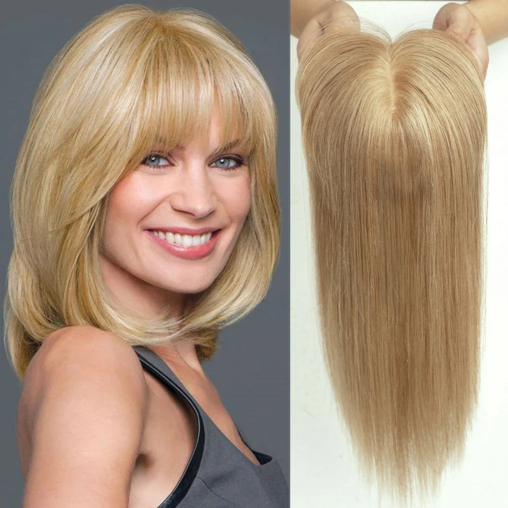 Real Human Hair Toppers. Silk Base Clip-in. Topper with Bangs.  14 Inch