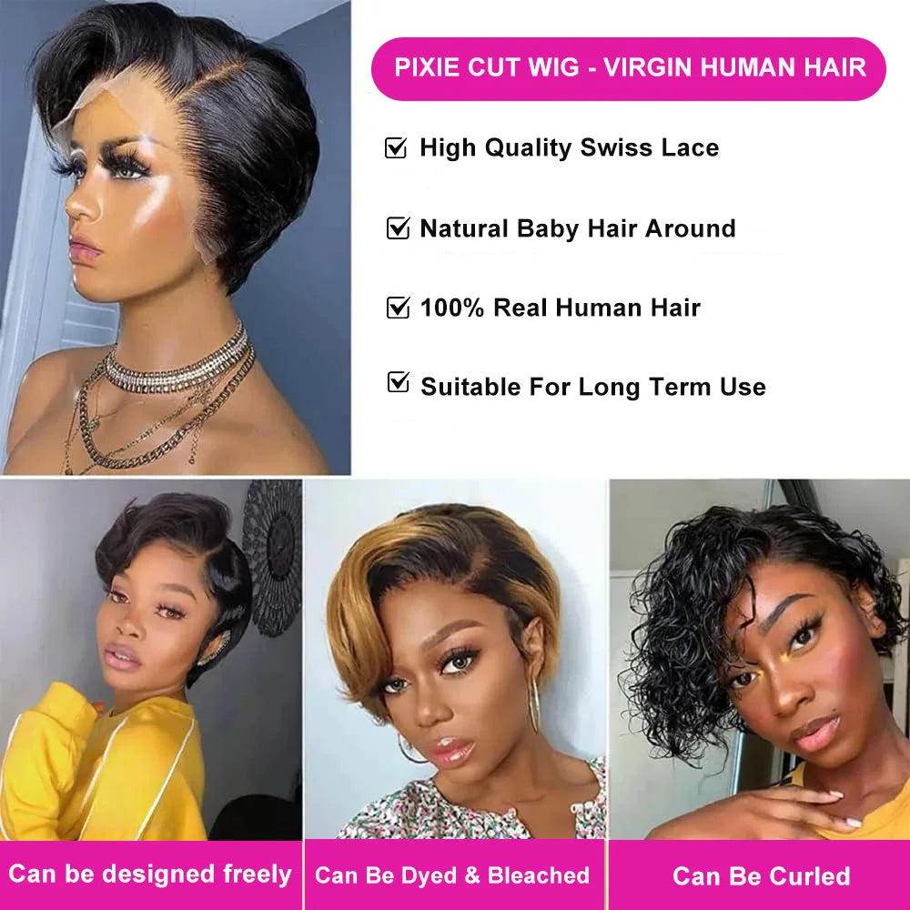 Pixie Cut Wigs Human Hair 13x4 Short Pixie Cut Lace Front Wig for Women Black Pixie Cut Transparent Frontal Wig Layered Straight