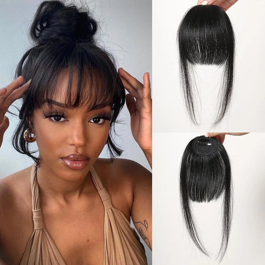 Human Hair Bangs for Women Clip on Air Bangs for Daily Hair Extensions Natural Black Human Wispy Bangs Fringe Blunt Cut Bangs