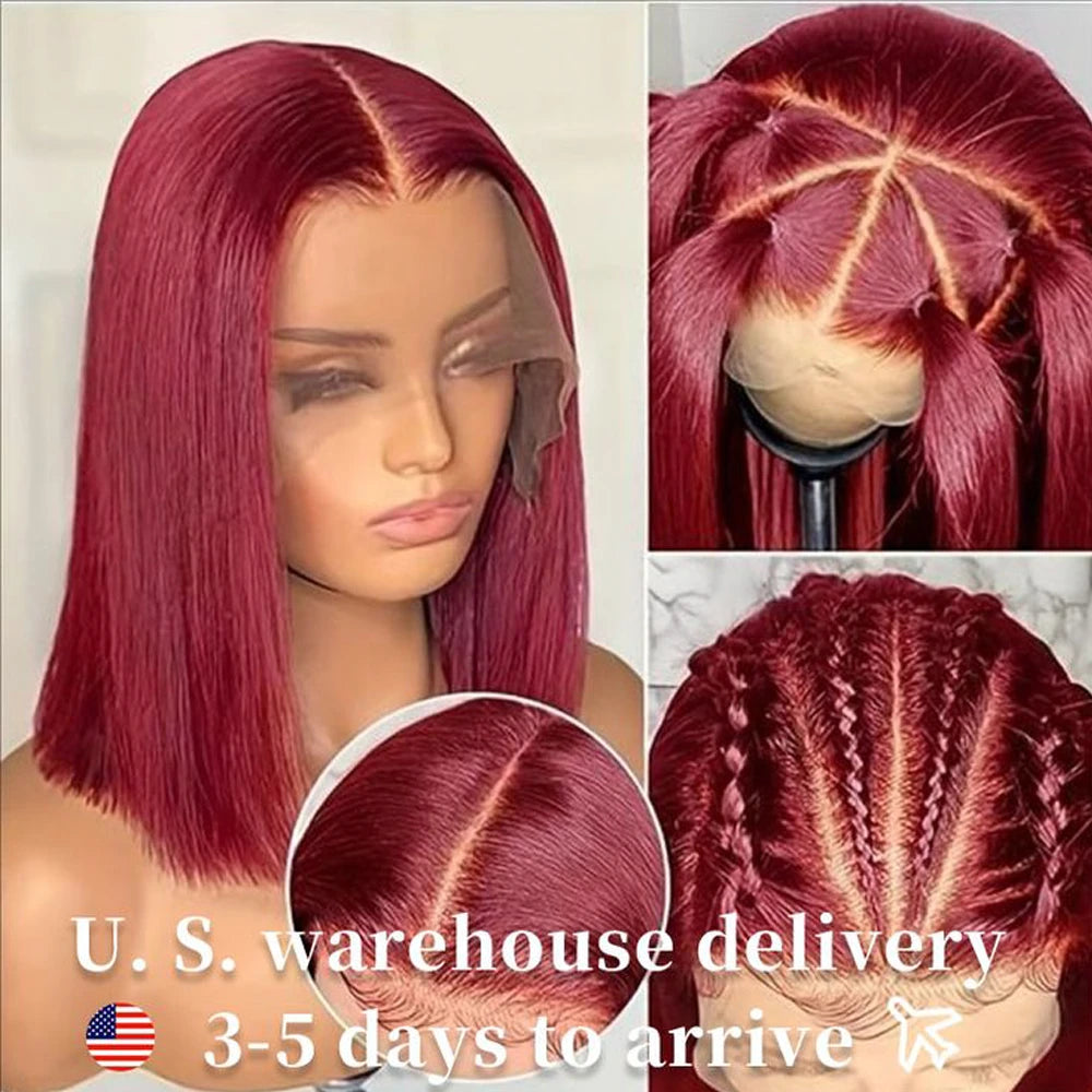 12Inch 99j Bob Wig Human Hair Glueless 13x4 HD Transparent Lace Frontal Wig Human Hair Bob Wigs PrePlucked 180% Density