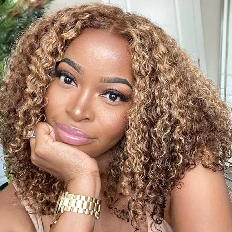 Highlights Honey Blonde Afro Women  Kinky Curly 100% Human Hair U Shaped Wigs with Clips/Combs Chestnut Brown Full V Part Wigs