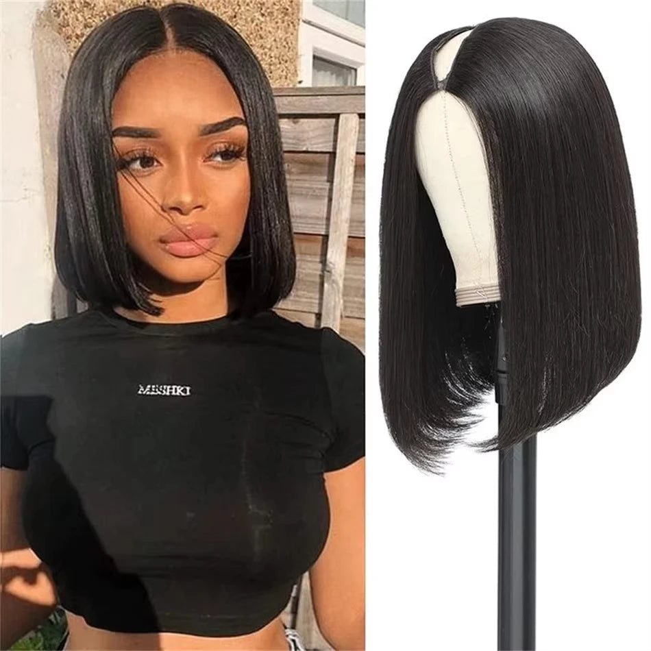 Brazilian Straight Bob Wig Human Hair Machine Made V Part Wigs Natural Color Full Head Clip in Half Wig For Women Human Hair