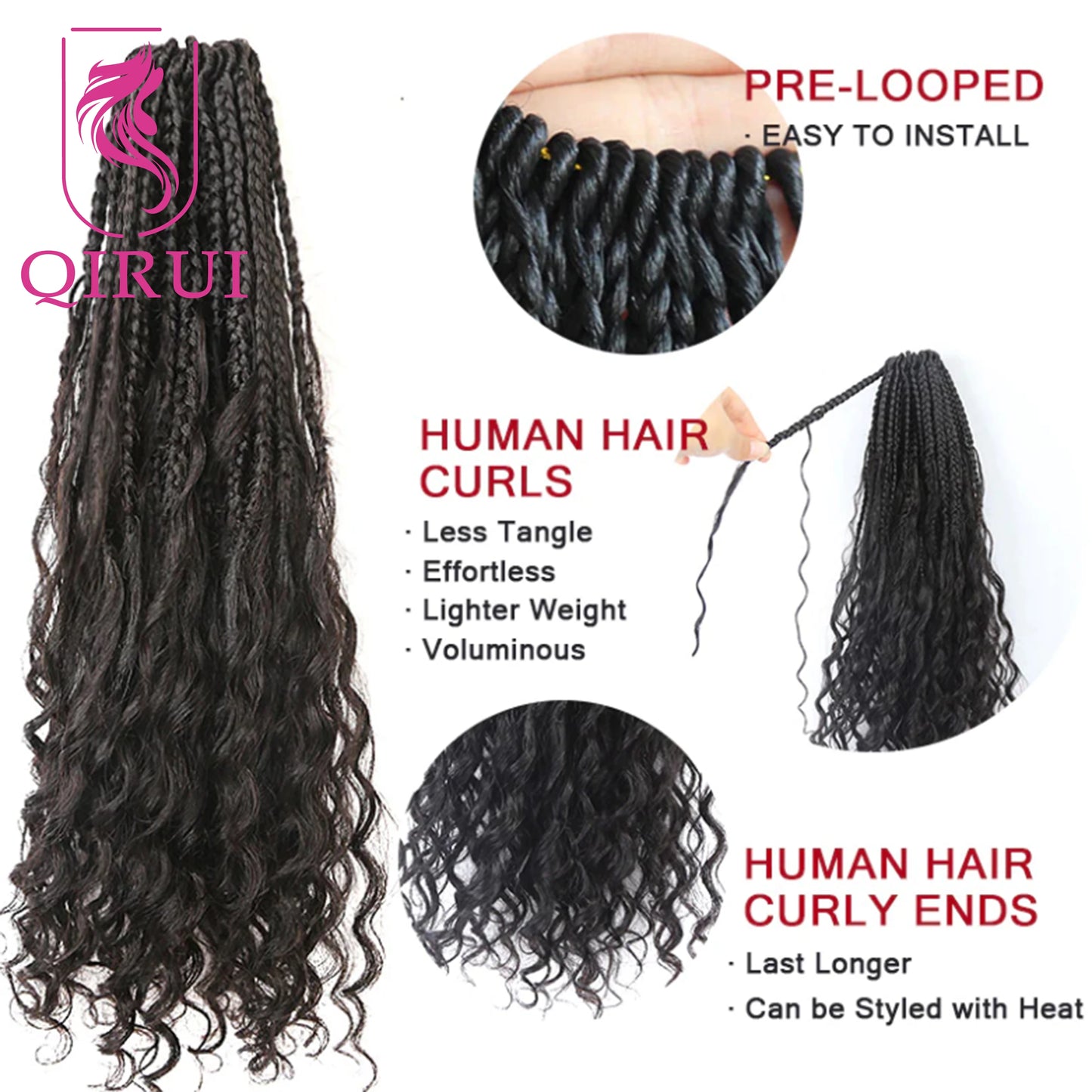 Human Hair Crochet Boho Box Braids With Human Curls 18Inch Synthetic Braid With Human Hair Curls Braiding Hair Extensions