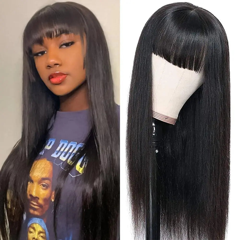Bone Straight Human Hair Bob Wigs Full Machine With Bangs Glueless 100% Brzailian For Women Choice Non Lace Front Cheap On Sale