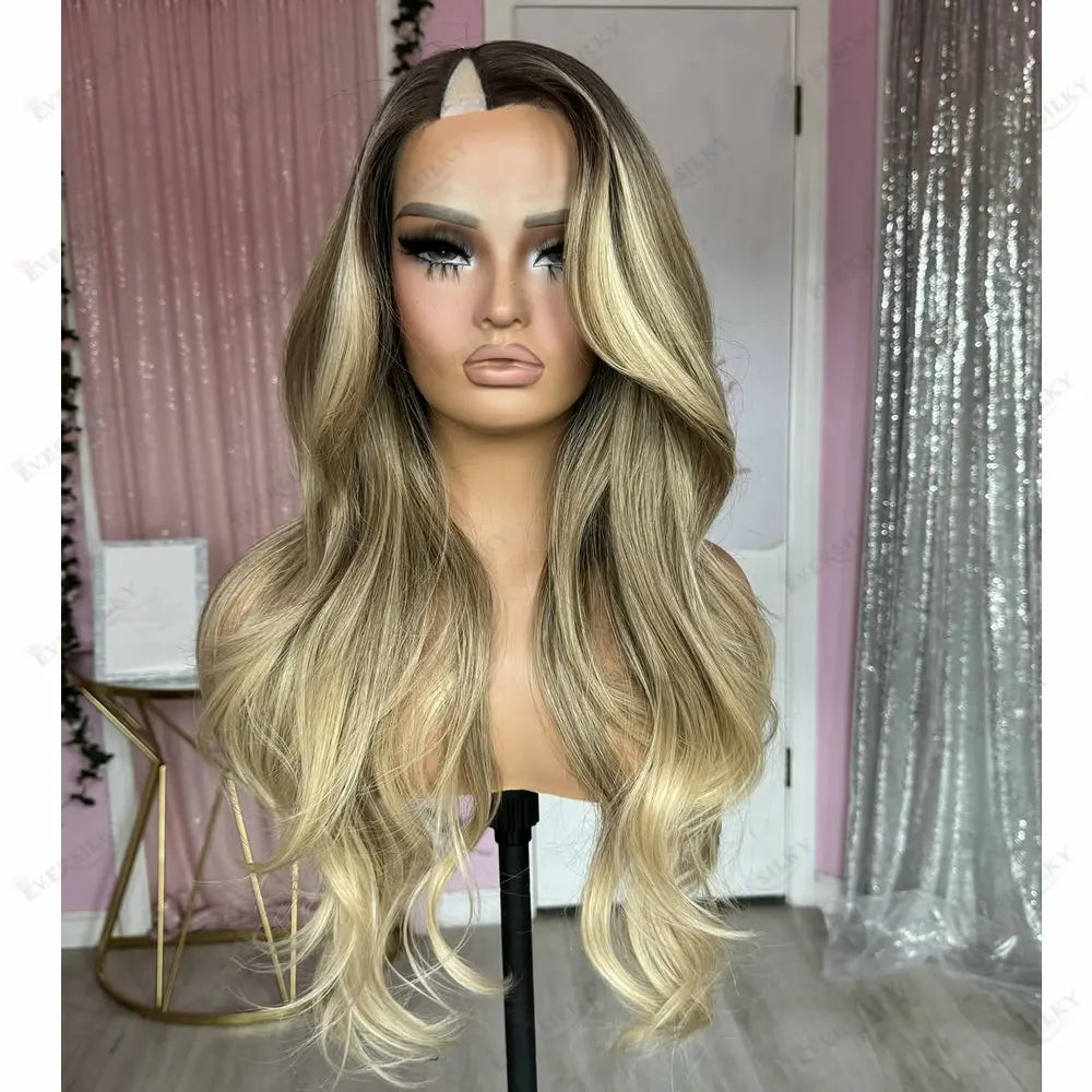 Light Ash Blonde Highligths Glueless U Part Wig Human Hair Balayage Roots Curly V Part Wig 100% Virgin Human Hair Wig for Women