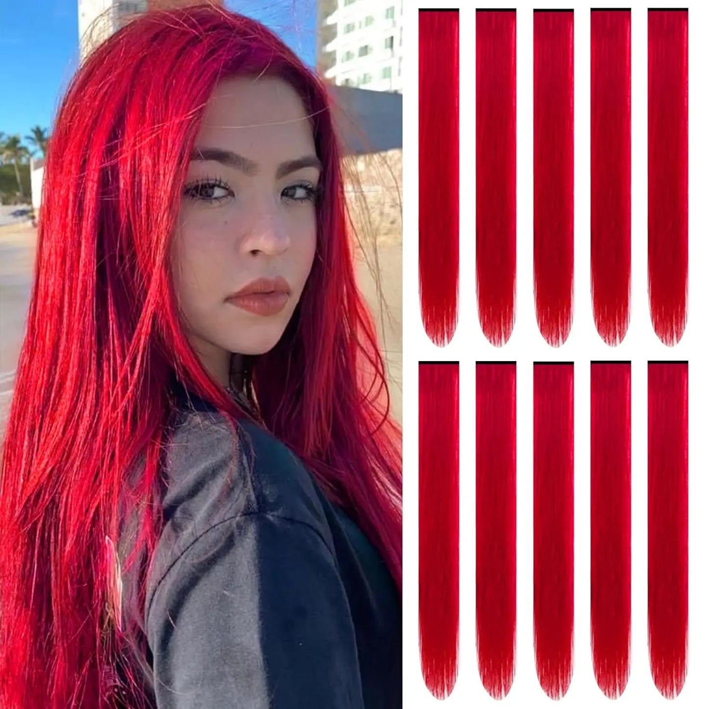 Synthetic 10 PC Hair Extensions Red and Blue Clip in SOlldag Colored Party Highlights Straight Hairpiece for Kids Girls Women