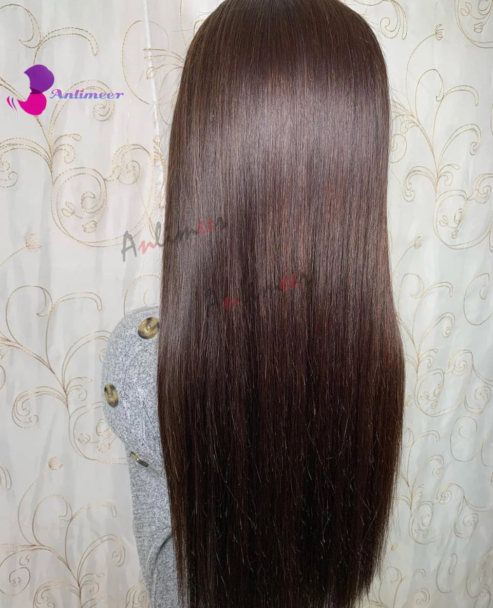 Darkest Brown Human Hair Wigs for Black Women Colored Pure 2# Colored Long Straight Left Side Part Wigs for Women