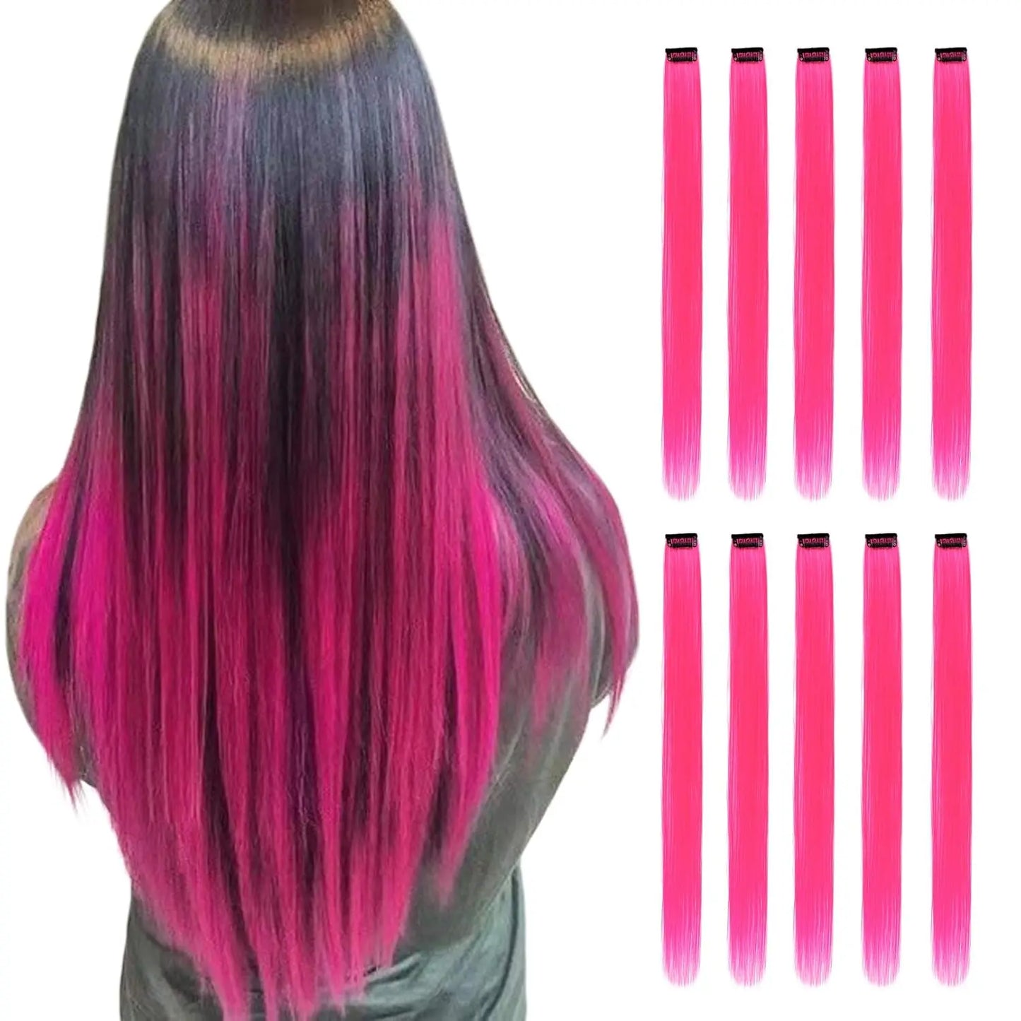 Synthetic 10 PC Hair Extensions Red and Blue Clip in SOlldag Colored Party Highlights Straight Hairpiece for Kids Girls Women