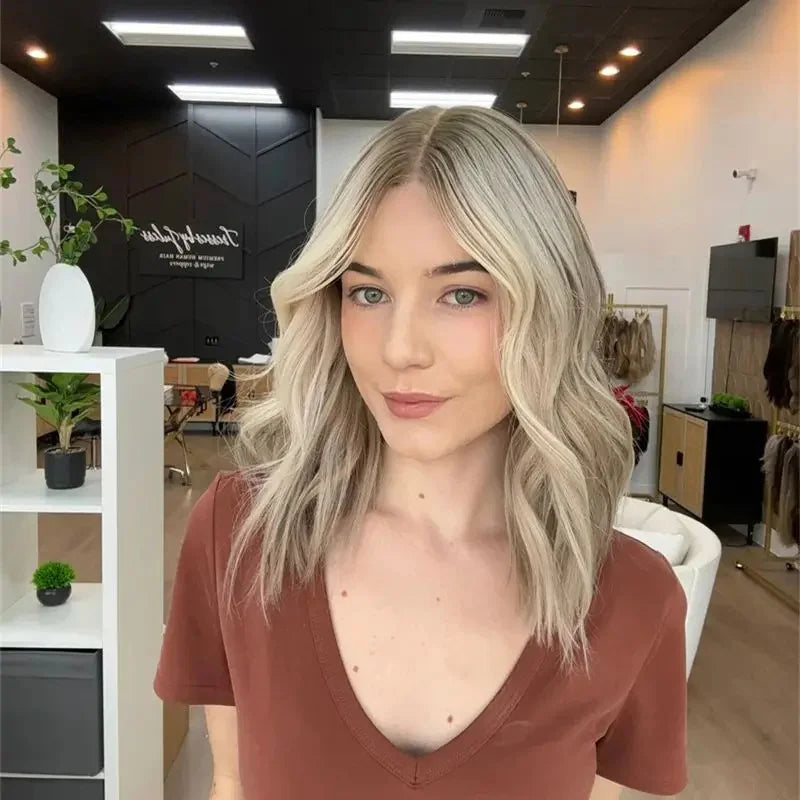 New Lace Front Glueless Wig Platinum Ash Blonde Balayage Colored Wig Heat Resistant Luxury Human Hair Synthetic Blended Fiber