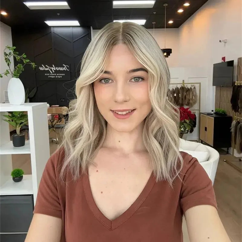 New Lace Front Glueless Wig Platinum Ash Blonde Balayage Colored Wig Heat Resistant Luxury Human Hair Synthetic Blended Fiber