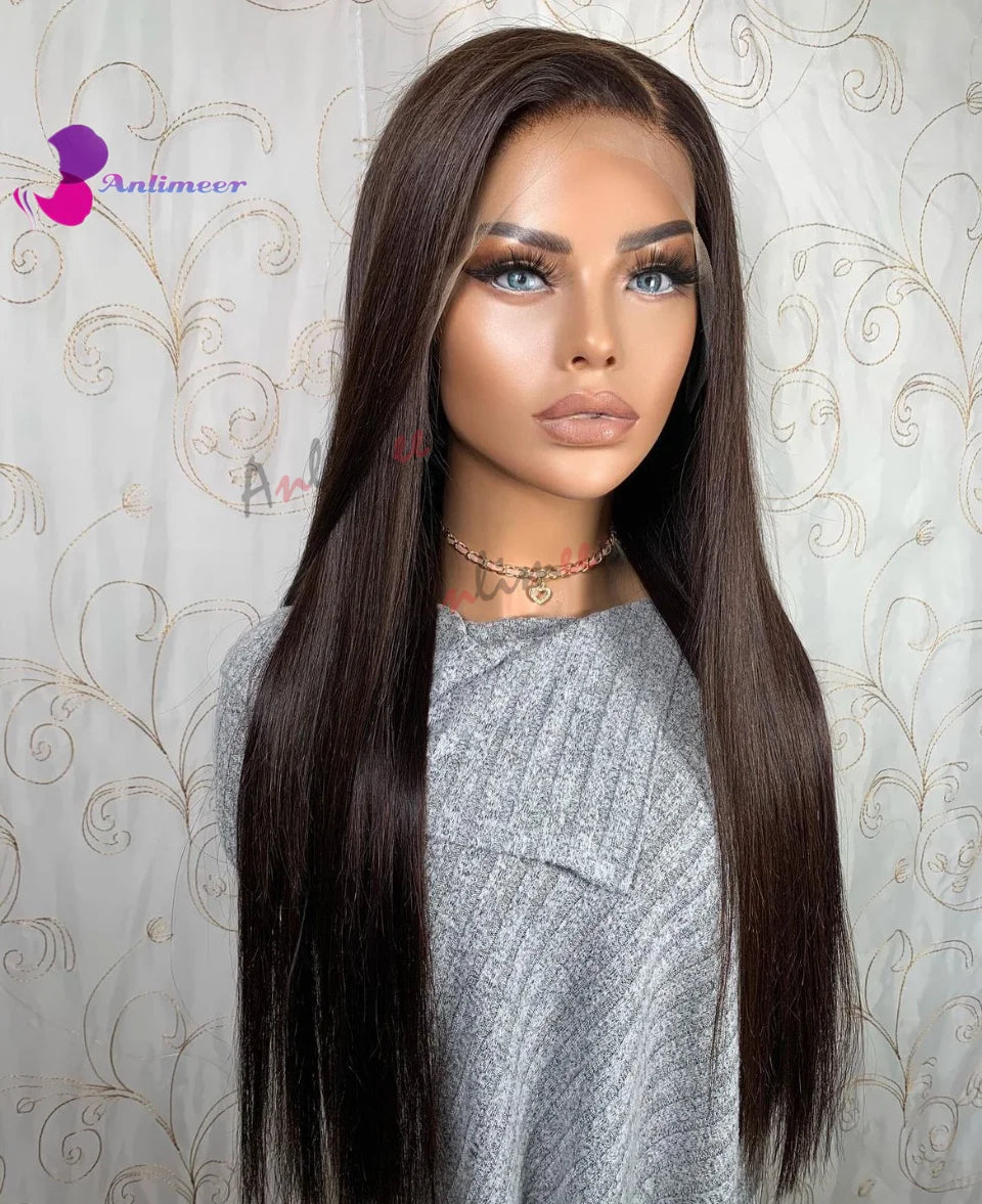 Darkest Brown Human Hair Wigs for Black Women Colored Pure 2# Colored Long Straight Left Side Part Wigs for Women