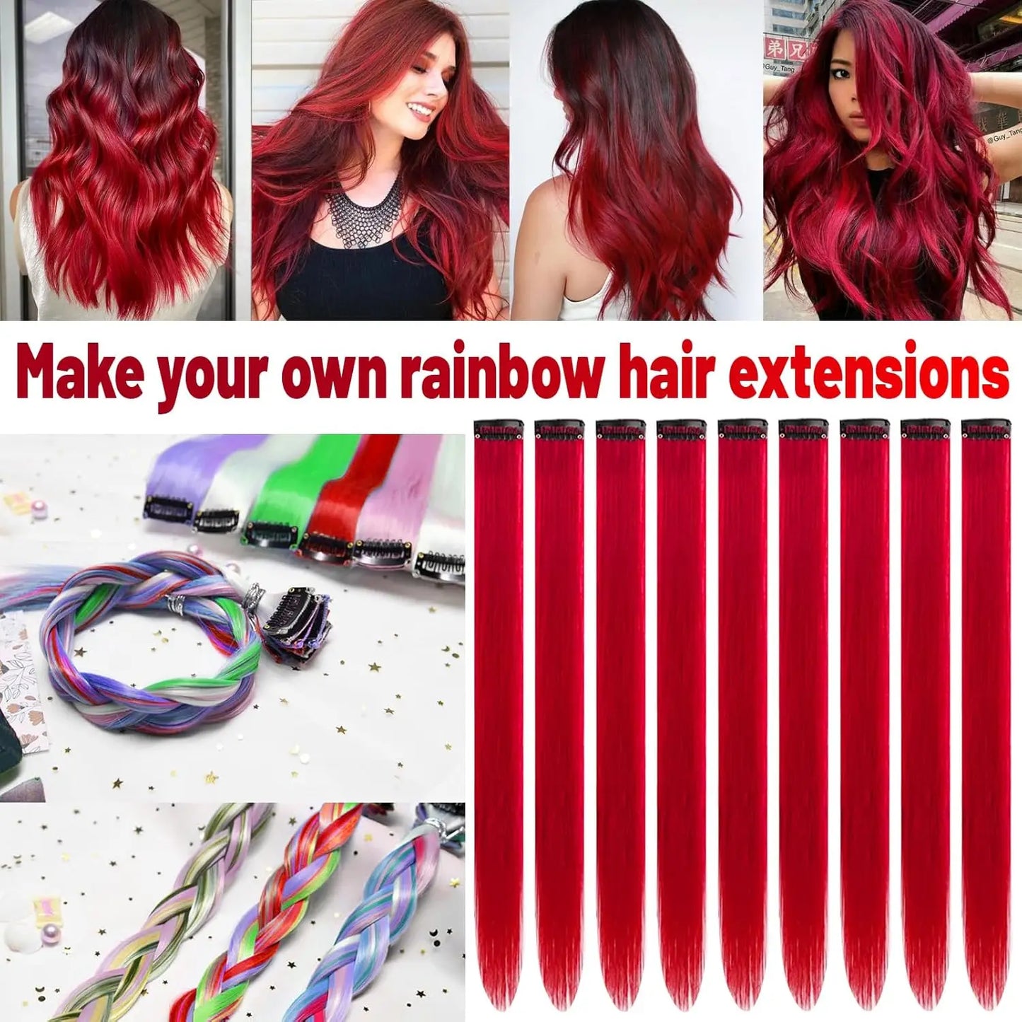 Synthetic 10 PC Hair Extensions Red and Blue Clip in SOlldag Colored Party Highlights Straight Hairpiece for Kids Girls Women