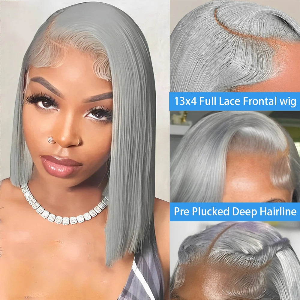 Human Hair Silver Grey Straight Bob Wigs Lace Front Pix Cut Human Hair Short Wigs Gray Colored 13X4 Lace Frontal Bob Wig 14 Inch