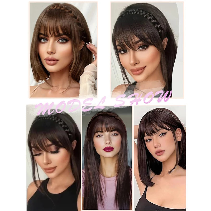 Synthetic Wig with Bangs and Sideburns Trendy Braided Headband Hair Braid Headband for Women Hair Extension Bangs Braided Wigs