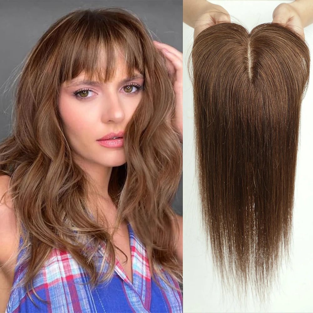 Real Human Hair Toppers. Silk Base Clip-in. Topper with Bangs.  14 Inch