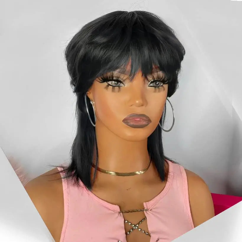Short Pixie Cut Wigs Wear And Go Glueless Wigs Human Hair Short Straight Bob Wig With Bangs Black Brazilian Full Machine Wig