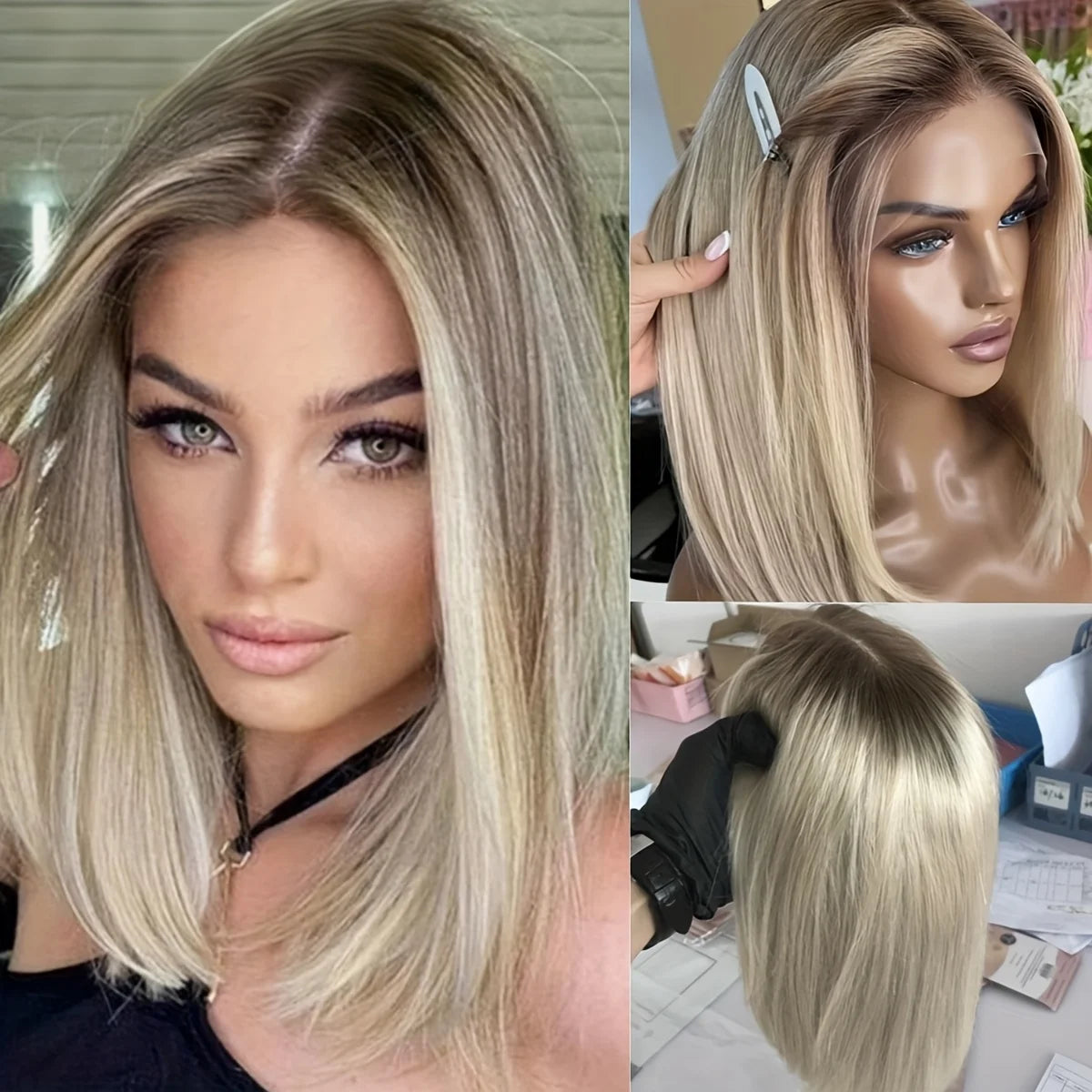 EQ Hair Short Bob Human Hair Ombre Cream Blonde Luxurious 13x4 Lace Frontal Wigs For Women Pre Plucked Brazilian Remy Hair