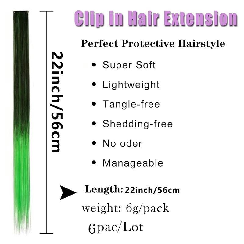 22 inch Colored Hair Extensions Straight Hairpiece 6pcs Colorful Hair Party Highlights Clip in Long Synthetic for Girls Women