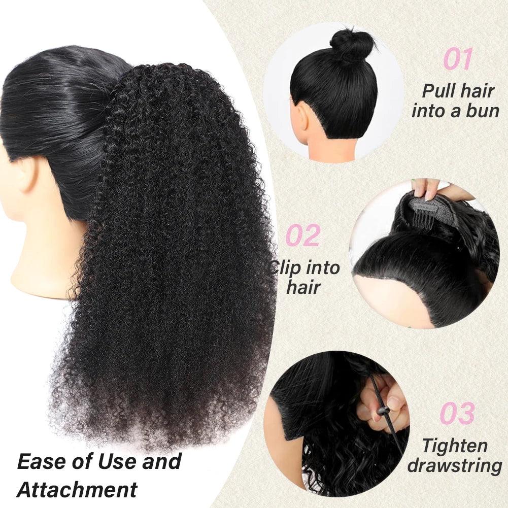 Drawstring Ponytail Deep Kinky Curly  Human Hair Clip Ponytail Extension Protective Style Brown Afrofor Women  Natural Black
