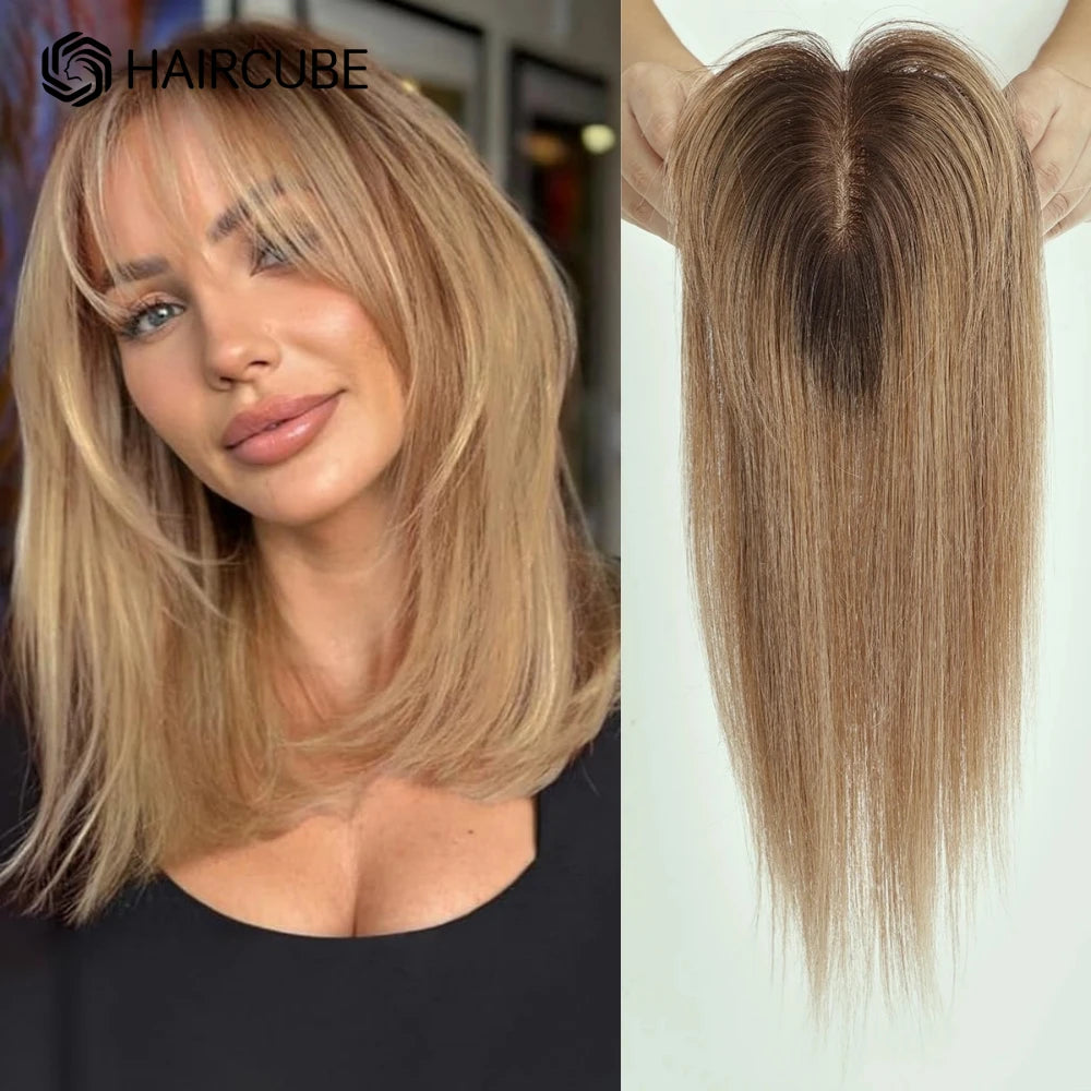 Real Human Hair Toppers. Silk Base Clip-in. Topper with Bangs.  14 Inch