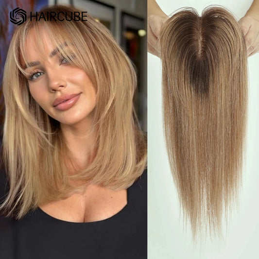 Real Human Hair Toppers. Silk Base Clip-in. Topper with Bangs.  14 Inch