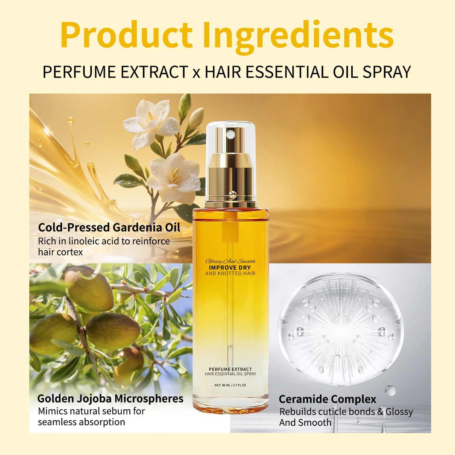 Hair Perfume Essential Oil Spray 80ml Glossy & Smooth Fix Dry &Knotted Hair Frizz Control Heat Protection Prevent Split Ends Oil