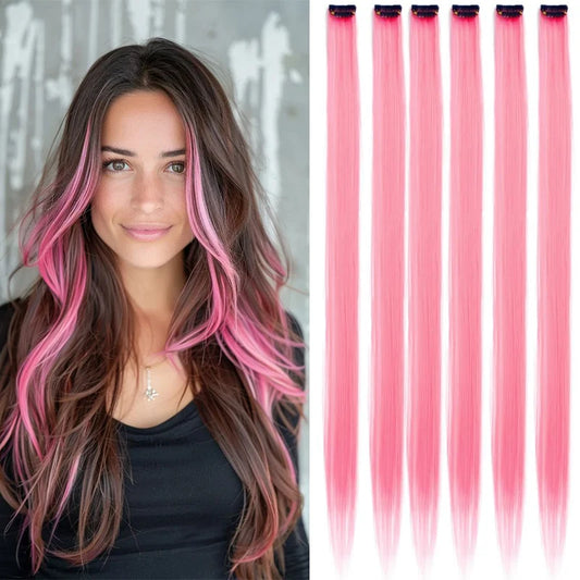 Colored Clip in Hair Extensions 22 Inch Straight Syntactic Pink Color Hairpiece Rainbow Party Highlights for Women Girls Kids