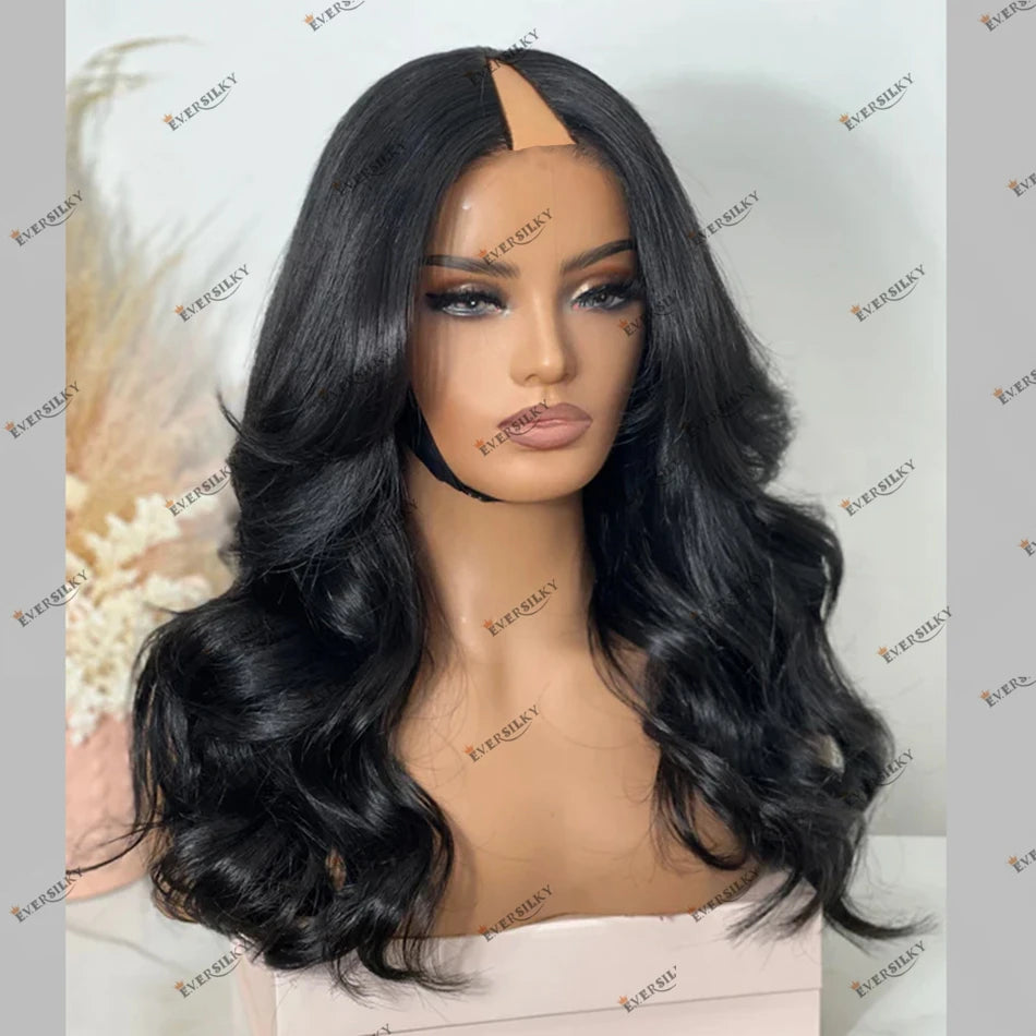 Glueless Wavy Human Hair 1X4 V Part Wigs #1 #2 #4 Natural Wave Peruvian Remy Human Hair Wigs for Women Easy Install Clips Wig