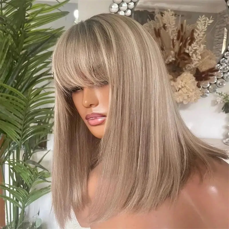 Short Bob Human Hair Wigs Ombre Blonde 13x6 Virgin Hair Wig With Bangs