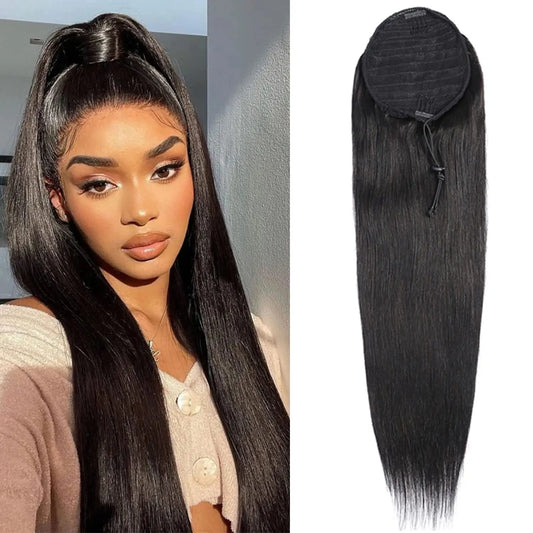 Straight Human Hair Ponytail Drawstring 100% Remy Ponytails Extension for Women Brazilian Long Straight Hair Natural Color #1B