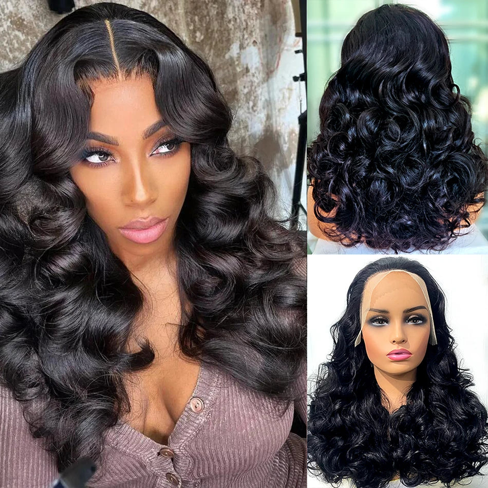 100% Human Hair Natural Black 250 Density Bouncy Curly Loose Body Wave Super Double Drawn Raw Indian Hair 13x4 Lace Frontal Wigs