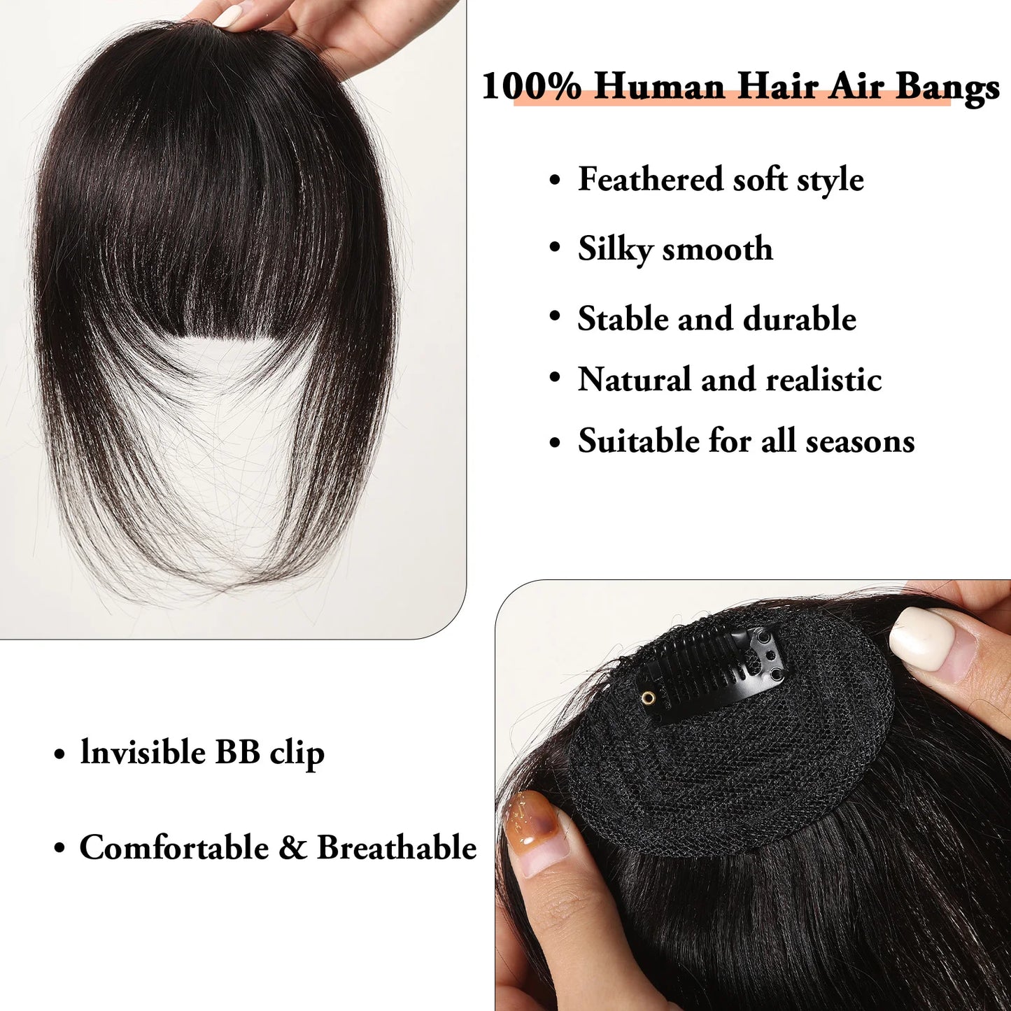 Human Hair Fringe Bangs Natural Black Remy Human Hair Bangs Full Hair Bangs Extensions Clips in Hairpieces for Women Daily Use