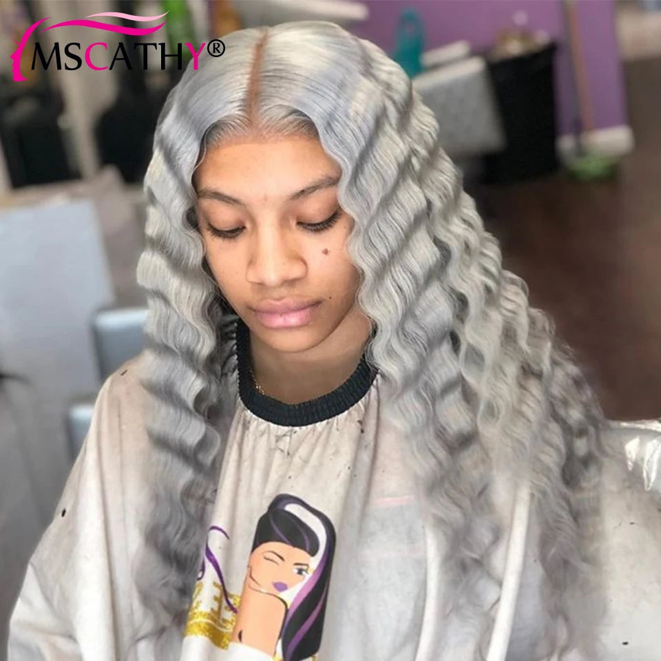 Glueless Grey Colored Deep Wave Human Hair Wigs For Women Silver Gray 13x4 Lace Wig Preplucked HD Transparent Lace Frontal Wig
