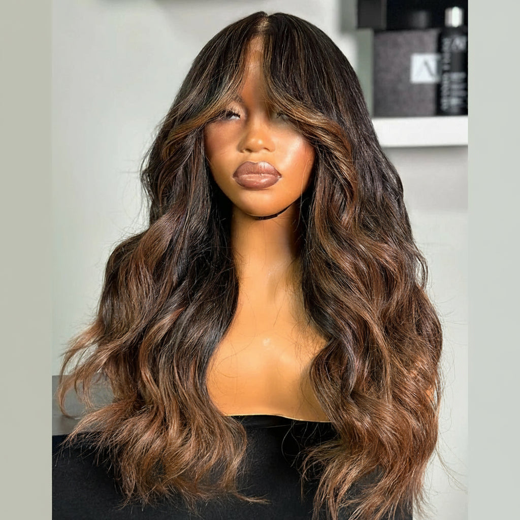 Glueless Wear And Go Lace Frontal Human Hair Wig Preplucked Blow-Out Looks Wave 13x4 Lace Wig Ombre Brown Highlight Colored Wig