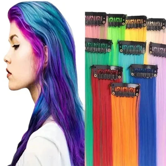 Synthetic 10 PC Hair Extensions Red and Blue Clip in SOlldag Colored Party Highlights Straight Hairpiece for Kids Girls Women