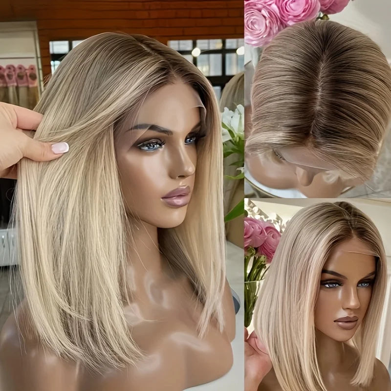 EQ Hair Short Bob Human Hair Ombre Cream Blonde Luxurious 13x4 Lace Frontal Wigs For Women Pre Plucked Brazilian Remy Hair