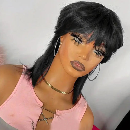 Short Pixie Cut Wigs Wear And Go Glueless Wigs Human Hair Short Straight Bob Wig With Bangs Black Brazilian Full Machine Wig