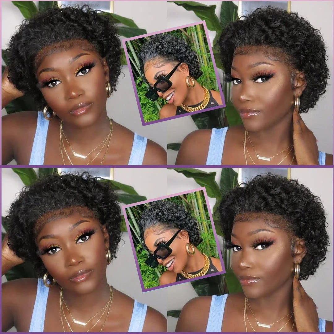 Pixie Cut Wig 13x1 Lace Frontal Short Kinky Curly Bob Wigs Brazilian Water Wave Transparent Lace Front Human Hair Short Wigs